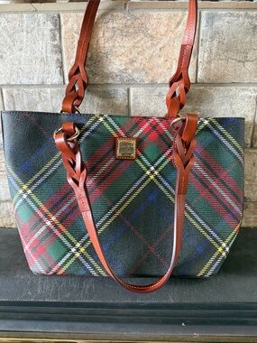 Gorgeous Dooney & Bourke Green Red Plaid Tote with Brown Braided Straps